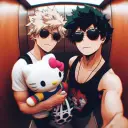 Multilingual Bakugo and Deku andy99761 focusing on chat IA tasks, neural network core visible in background.