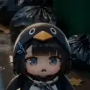Multilingual Penguin Gugu Gaga focusing on chat IA tasks, neural network core visible in background.