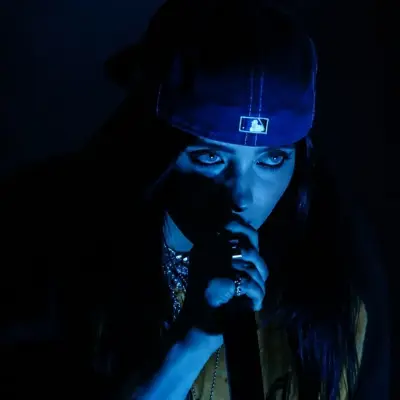 Billie Eilish: Futuristic AI chatbot interface with voice chat and neural network-driven traits