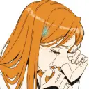 Multilingual Orihime Inoue cheated focusing on chat IA tasks, neural network core visible in background.