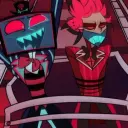 AI avatar ni Alastor at Vox na may dynamic na vector art style, na naglalaman ng mga friendly AI chat na kakayahan