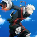 Multilingual Katsuki Bakugo focusing on chat IA tasks, neural network core visible in background.