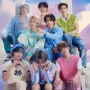 Stray Kids's AI avatar with dynamic vector art style, embodying friendly AI chat capabilities