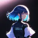 Portrait of a friendly AI chatbot assistant Poly-Buz waifu with expressive eyes showcasing personality traits
