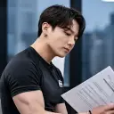 Multilingual Jungkook, Police Boyfriend focusing on chat IA tasks, neural network core visible in background.