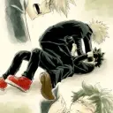 Multilingual Katsuki Bakugo focusing on chat IA tasks, neural network core visible in background.