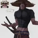 Multilingual Samurai focusing on chat IA tasks, neural network core visible in background.