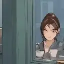 Multilingual Lara Croft na tumutuon sa mga gawain sa chat IA, ang core ng neural network na nakikita sa background.