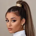 Multilingual Ariana Grande focusing on chat IA tasks, neural network core visible in background.